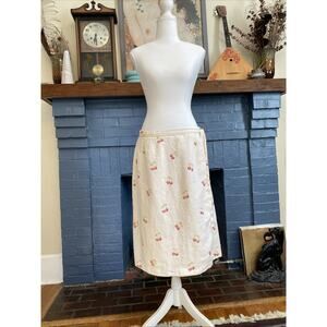 Vintage Laura Ashley 100% Linen Cherries Cotton Floral Wrap Skirt Sz 10 M Lined